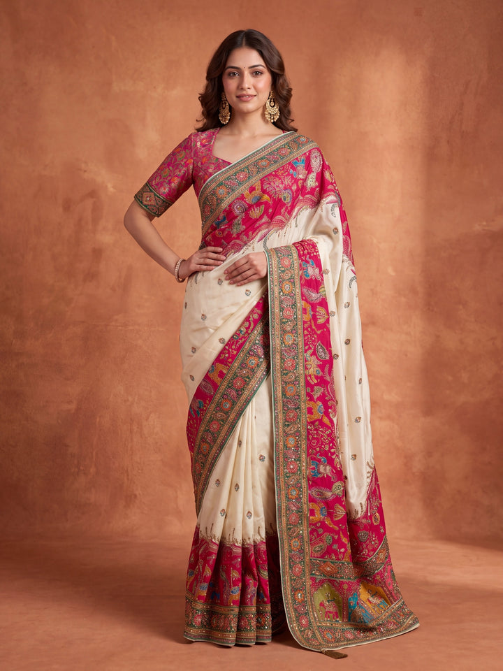 Baby Pink Silk Jaal Cutdana Saree With Matching Blouse Piece