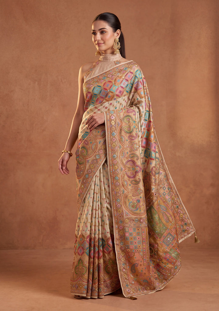 Off White Silk Jaal Cutdana Saree With Matching Blouse Piece