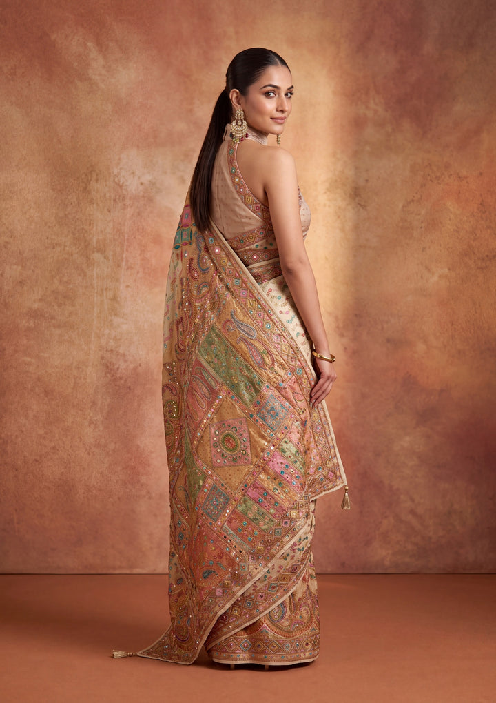 Off White Silk Jaal Cutdana Saree With Matching Blouse Piece