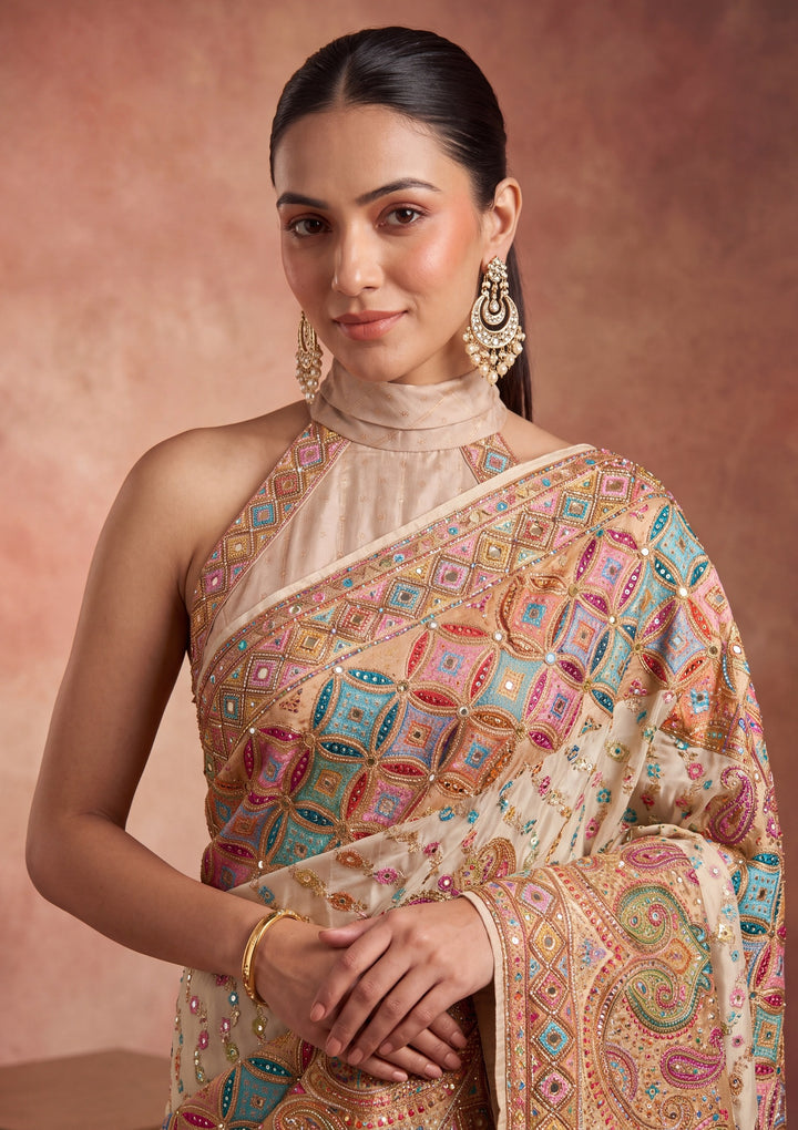 Off White Silk Jaal Cutdana Saree With Matching Blouse Piece