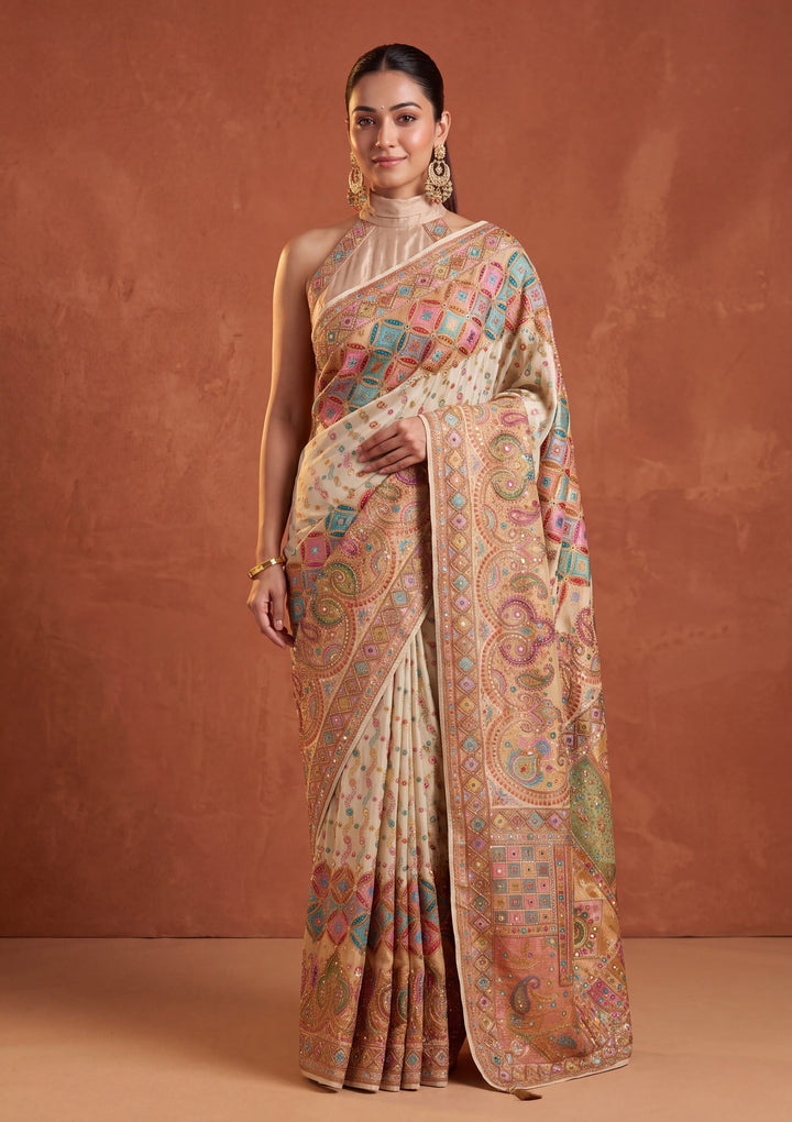Off White Silk Jaal Cutdana Saree With Matching Blouse Piece
