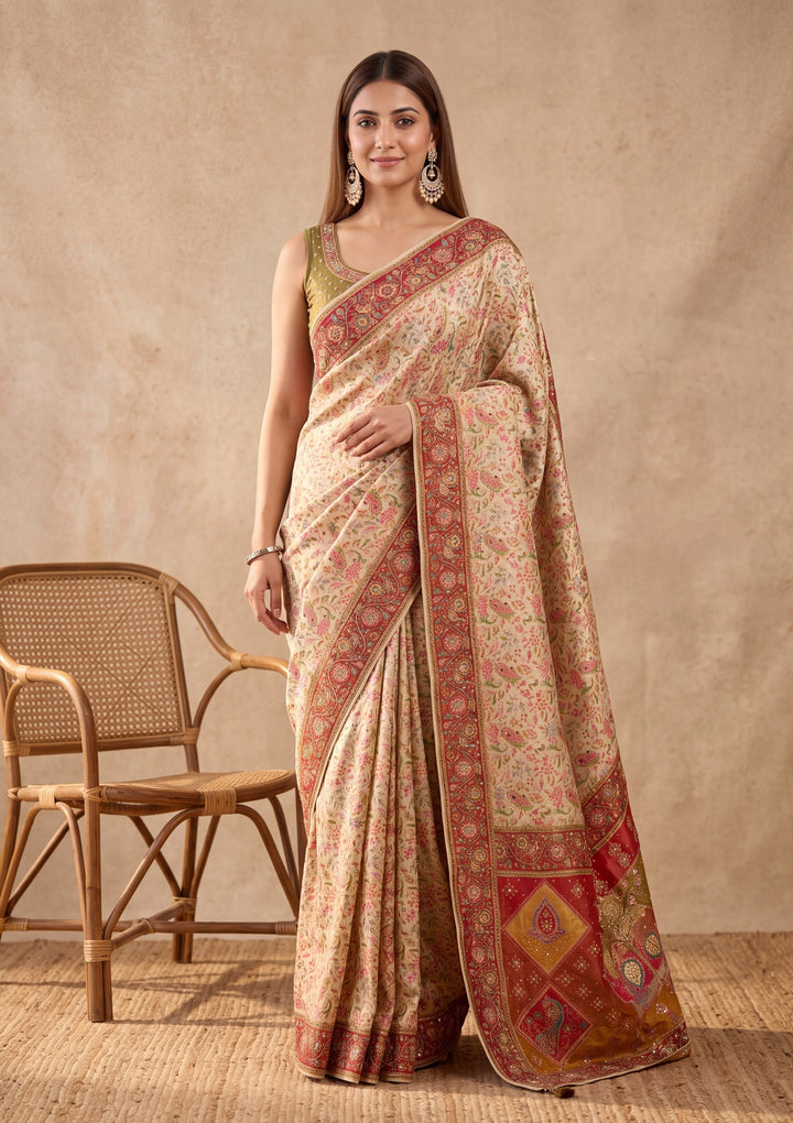 Off White Silk Jaal Cutdana Saree With Matching Blouse Piece