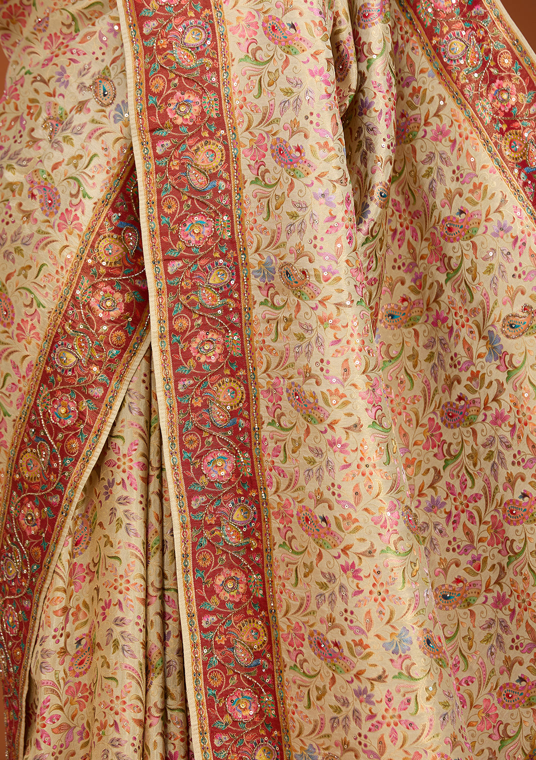 Off White Silk Jaal Cutdana Saree With Matching Blouse Piece