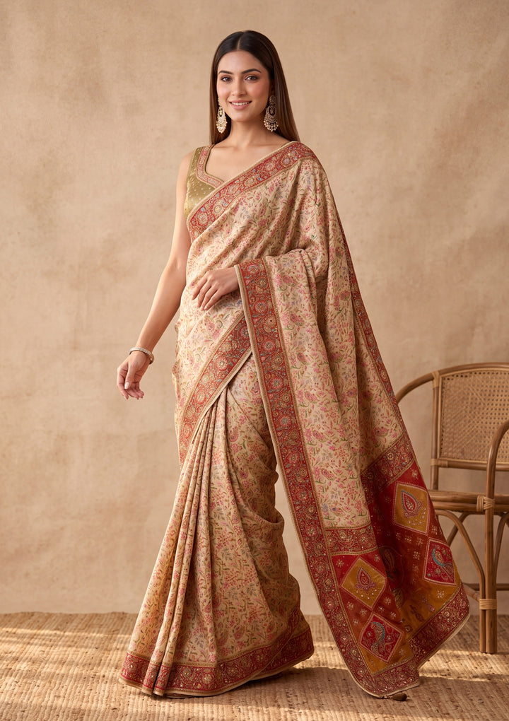 Off White Silk Jaal Cutdana Saree With Matching Blouse Piece