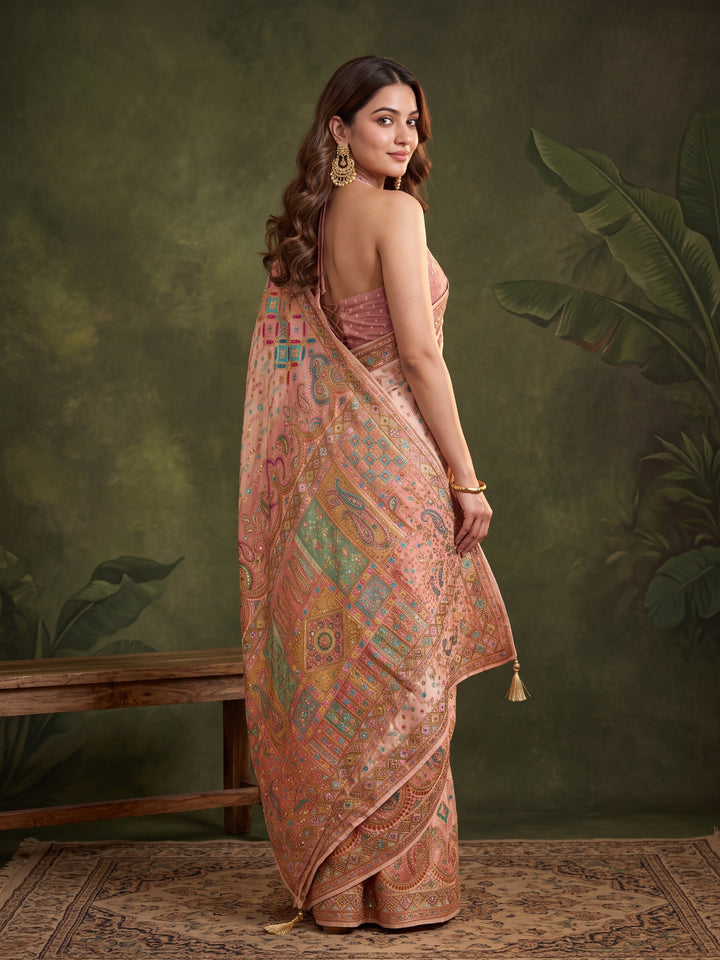 Off White Silk Jaal Cutdana Saree With Matching Blouse Piece