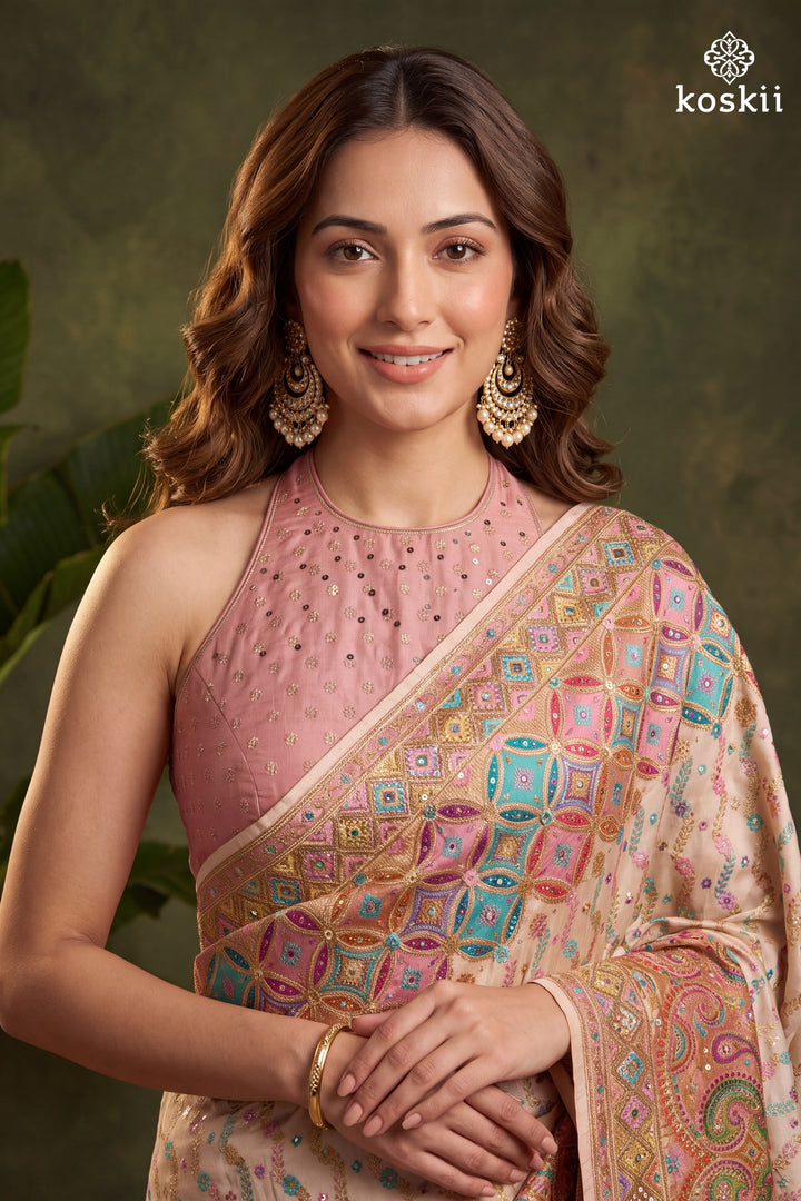 Off White Silk Jaal Cutdana Saree With Matching Blouse Piece