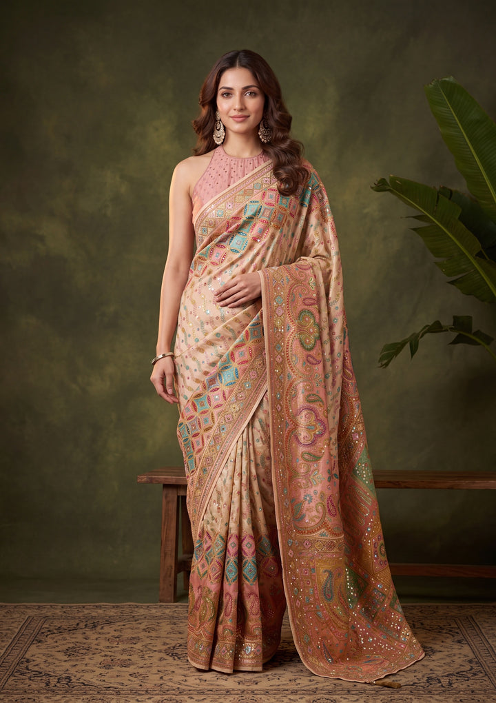 Off White Silk Jaal Cutdana Saree With Matching Blouse Piece