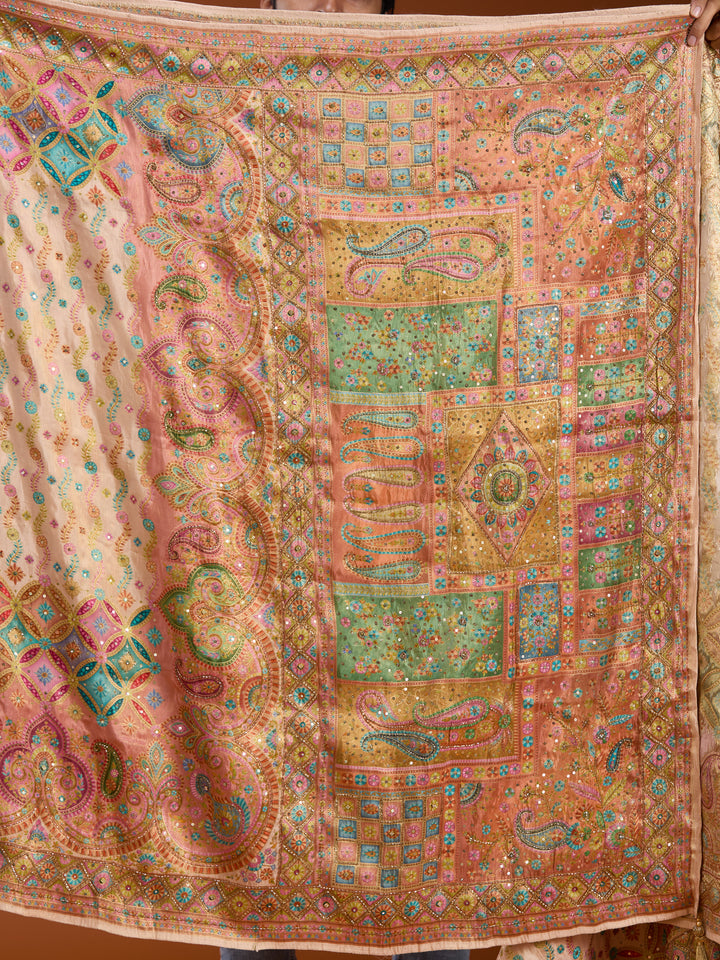Off White Silk Jaal Cutdana Saree With Matching Blouse Piece