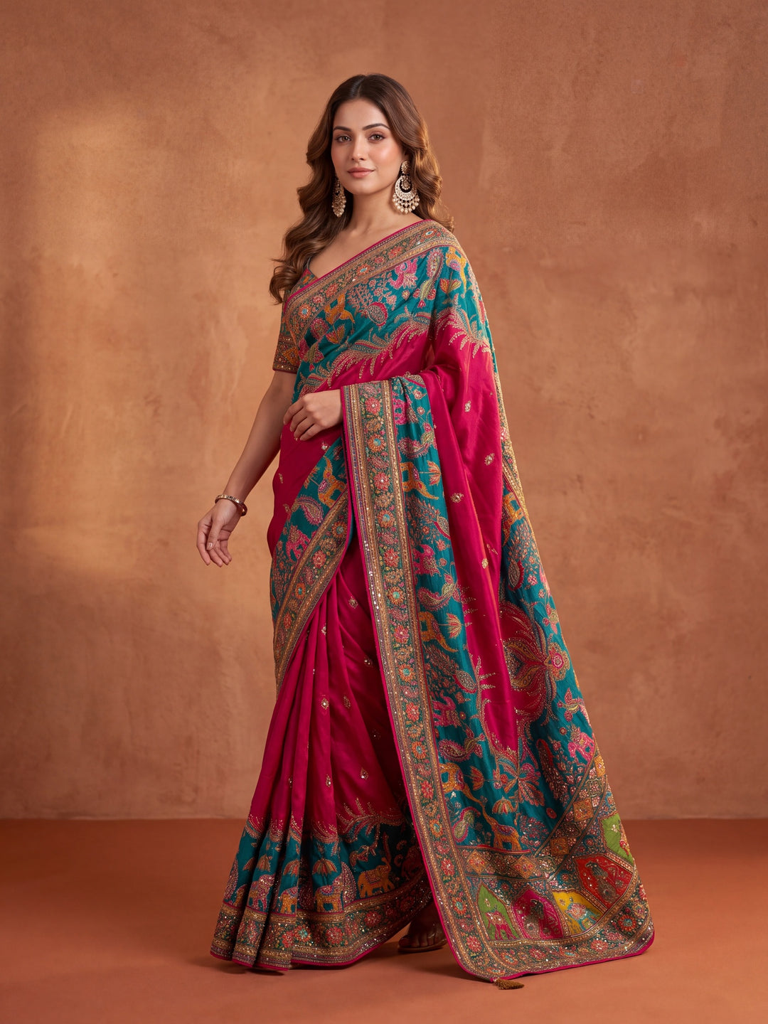 Rani Pink Silk Jaal Cutdana Saree With Matching Blouse Piece
