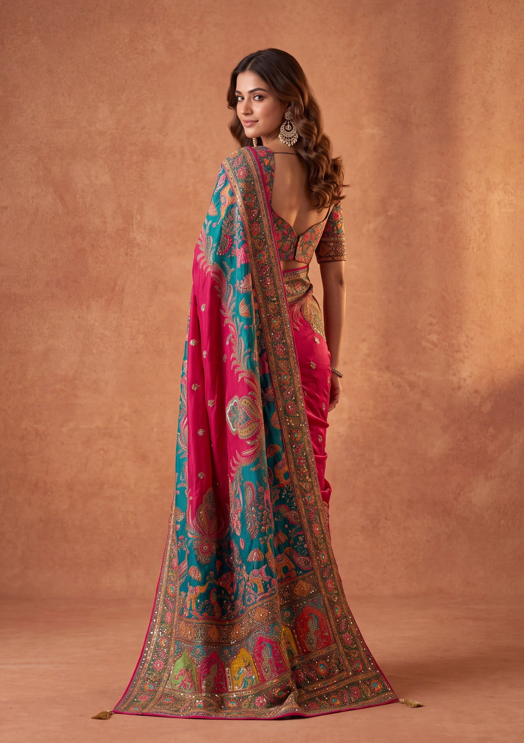 Rani Pink Silk Jaal Cutdana Saree With Matching Blouse Piece