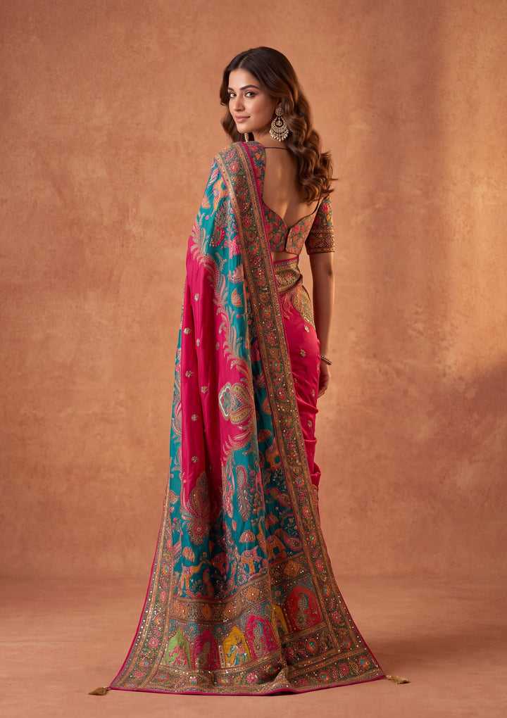 Rani Pink Silk Jaal Cutdana Saree With Matching Blouse Piece