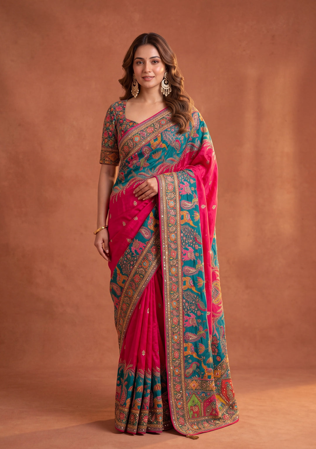 Rani Pink Silk Jaal Cutdana Saree With Matching Blouse Piece