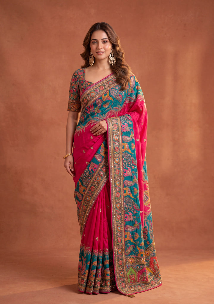 Rani Pink Silk Jaal Cutdana Saree With Matching Blouse Piece