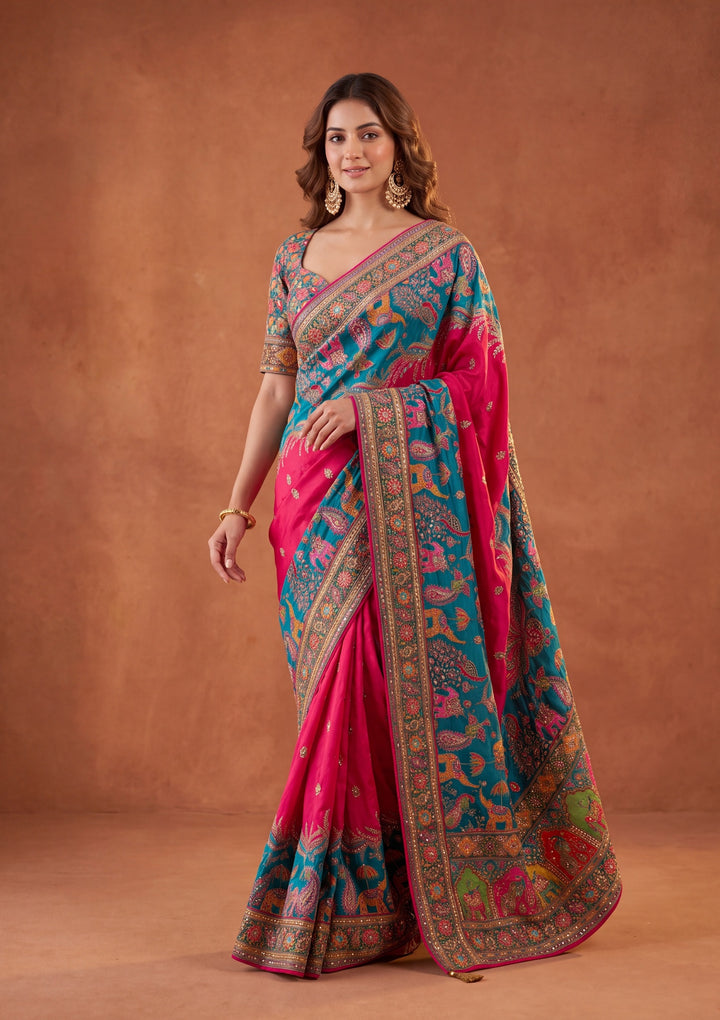 Rani Pink Silk Jaal Cutdana Saree With Matching Blouse Piece