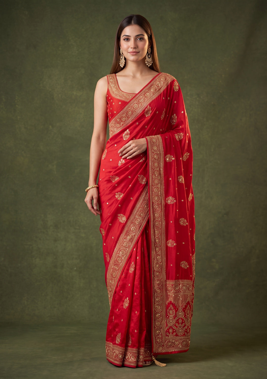 Red Art Silk Jaal Cutdana Saree With Matching Blouse Piece