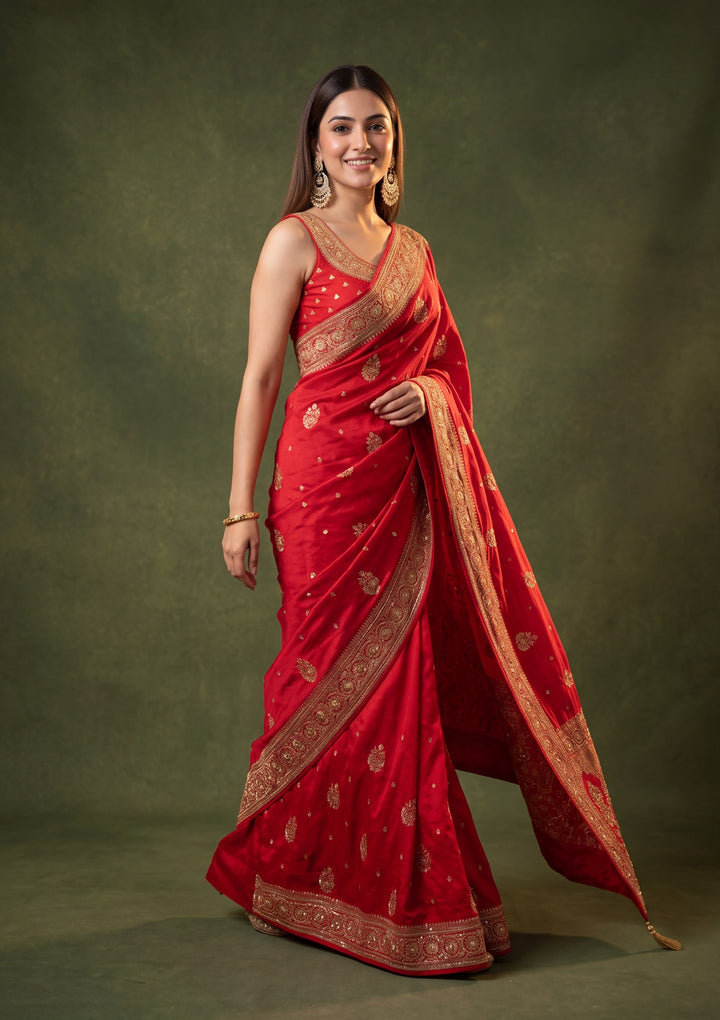 Red Art Silk Jaal Cutdana Saree With Matching Blouse Piece