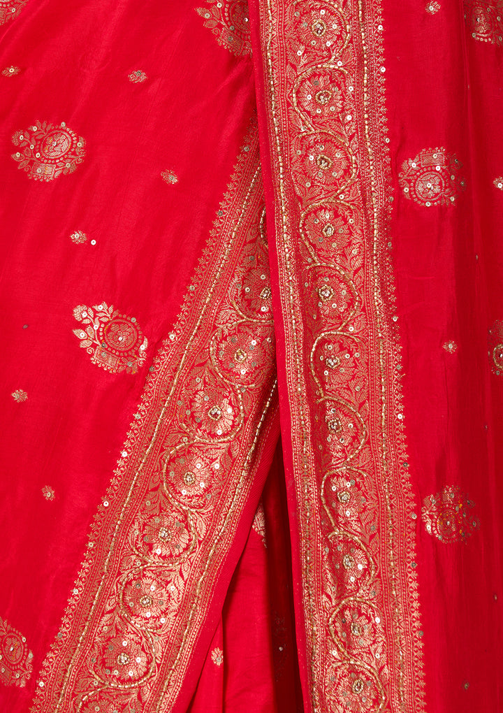 Red Art Silk Jaal Cutdana Saree With Matching Blouse Piece