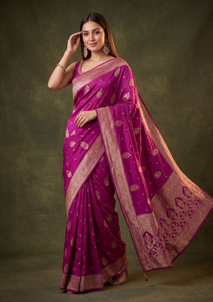 Wine Art Silk Jaal Cutdana Saree With Matching Blouse Piece