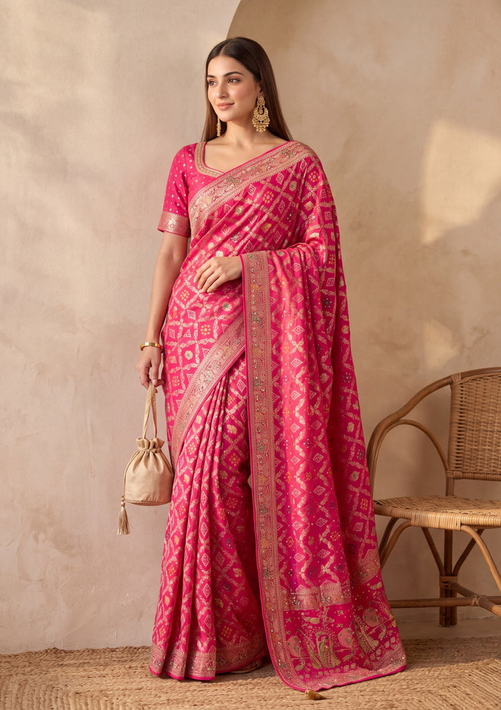 Magenta Pink Silk Jaal Cutdana Saree With Matching Blouse Piece