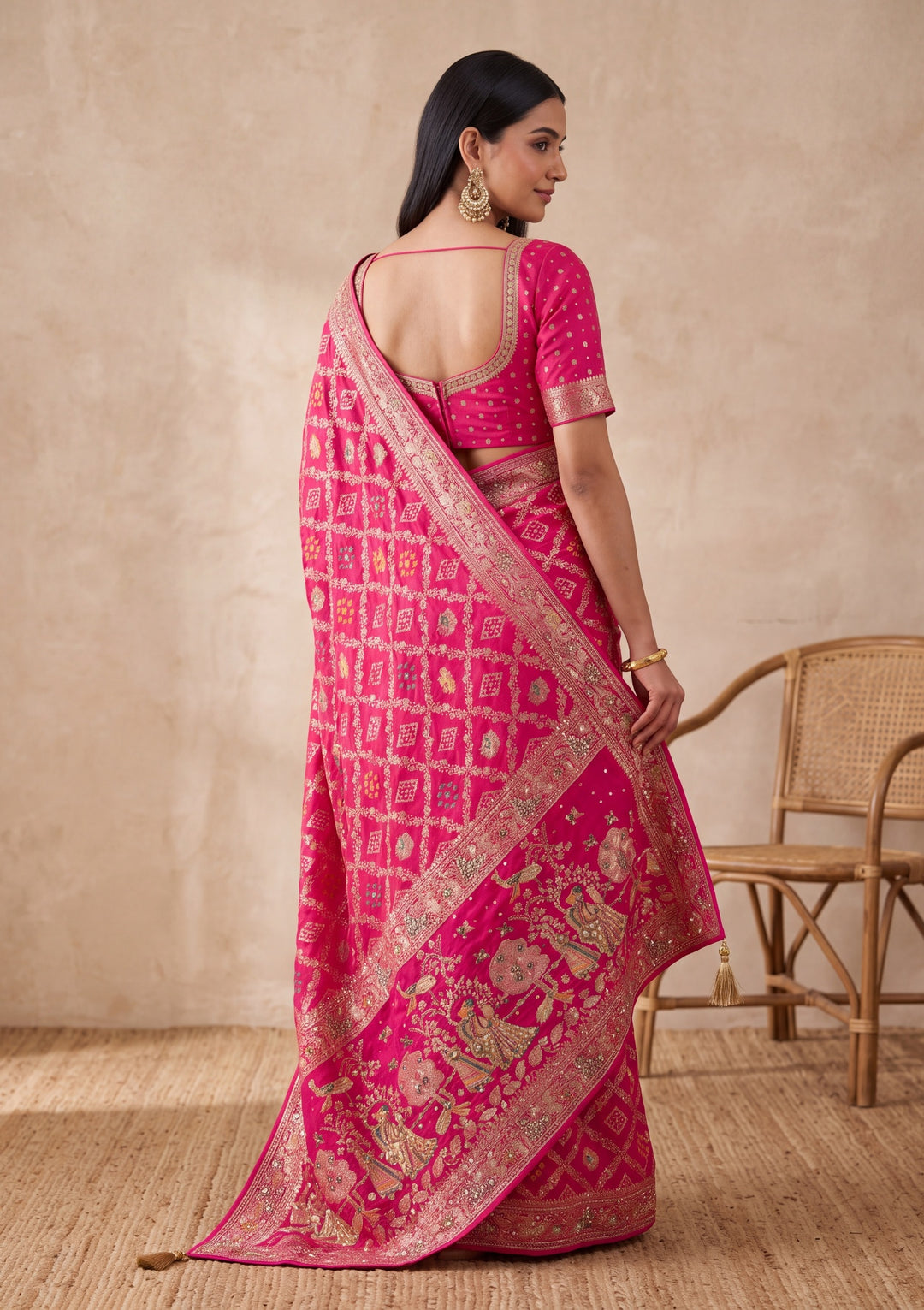 Magenta Pink Silk Jaal Cutdana Saree With Matching Blouse Piece