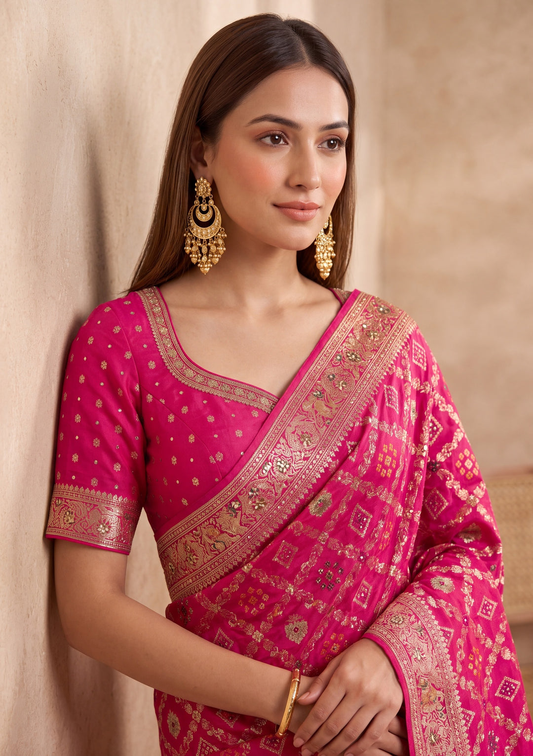 Magenta Pink Silk Jaal Cutdana Saree With Matching Blouse Piece