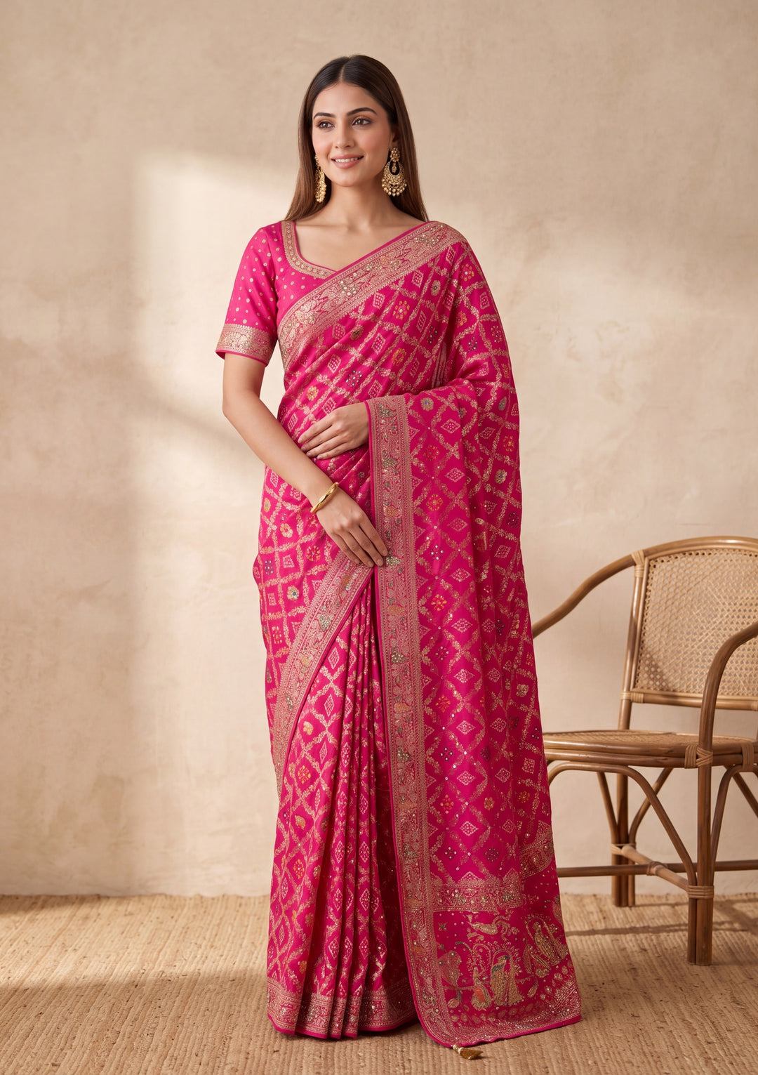 Magenta Pink Silk Jaal Cutdana Saree With Matching Blouse Piece