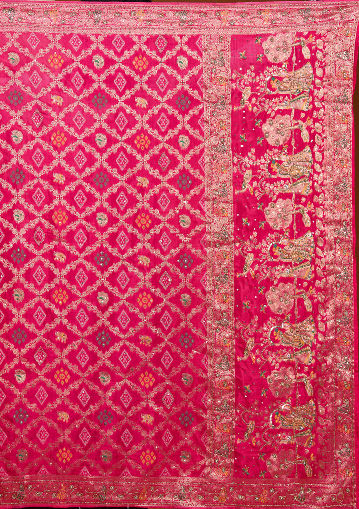Magenta Pink Silk Jaal Cutdana Saree With Matching Blouse Piece