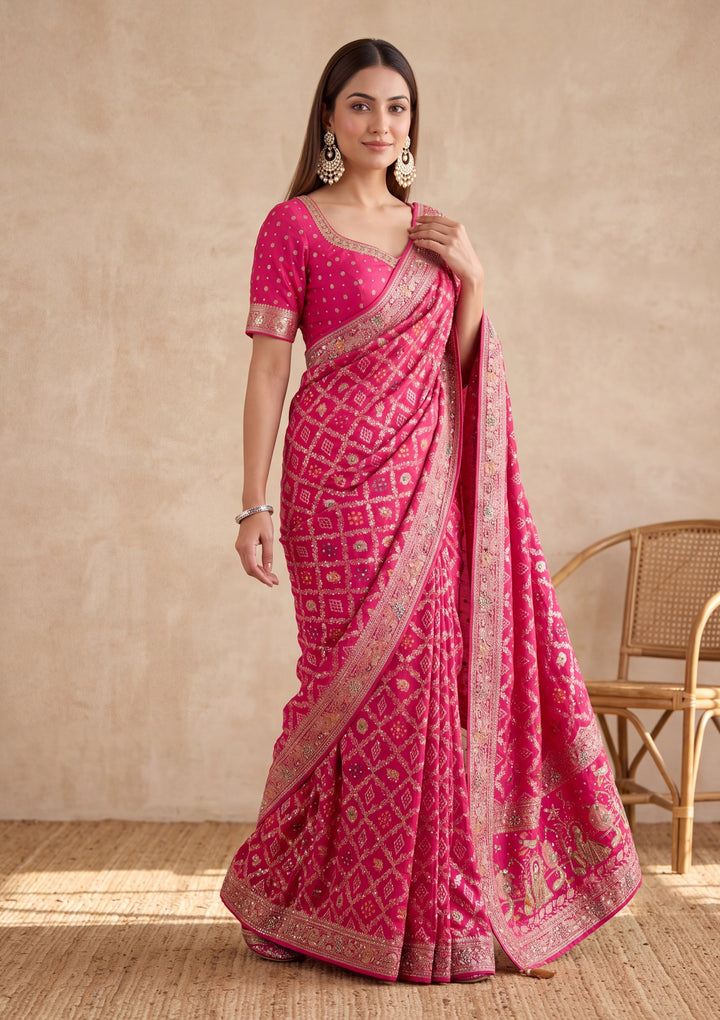 Magenta Pink Silk Jaal Cutdana Saree With Matching Blouse Piece