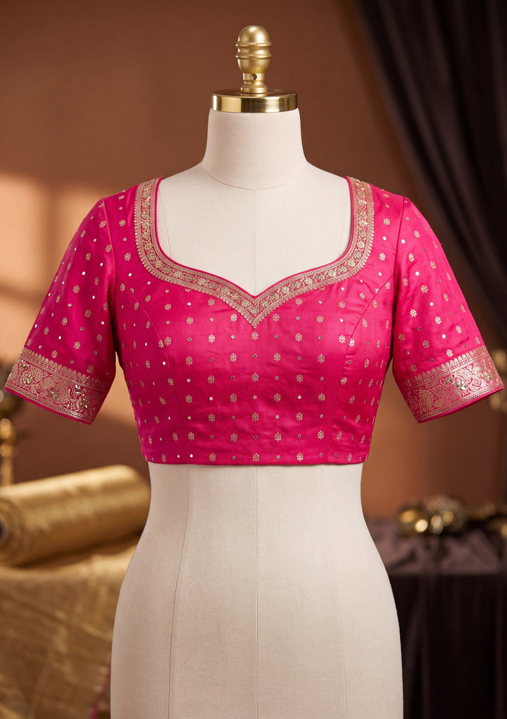 Magenta Pink Silk Jaal Cutdana Saree With Matching Blouse Piece