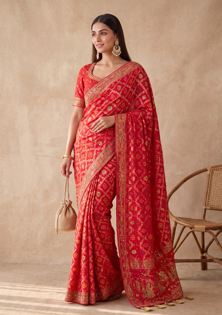 Red Silk Jaal Cutdana Saree With Matching Blouse Piece
