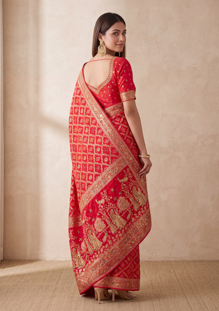 Red Silk Jaal Cutdana Saree With Matching Blouse Piece