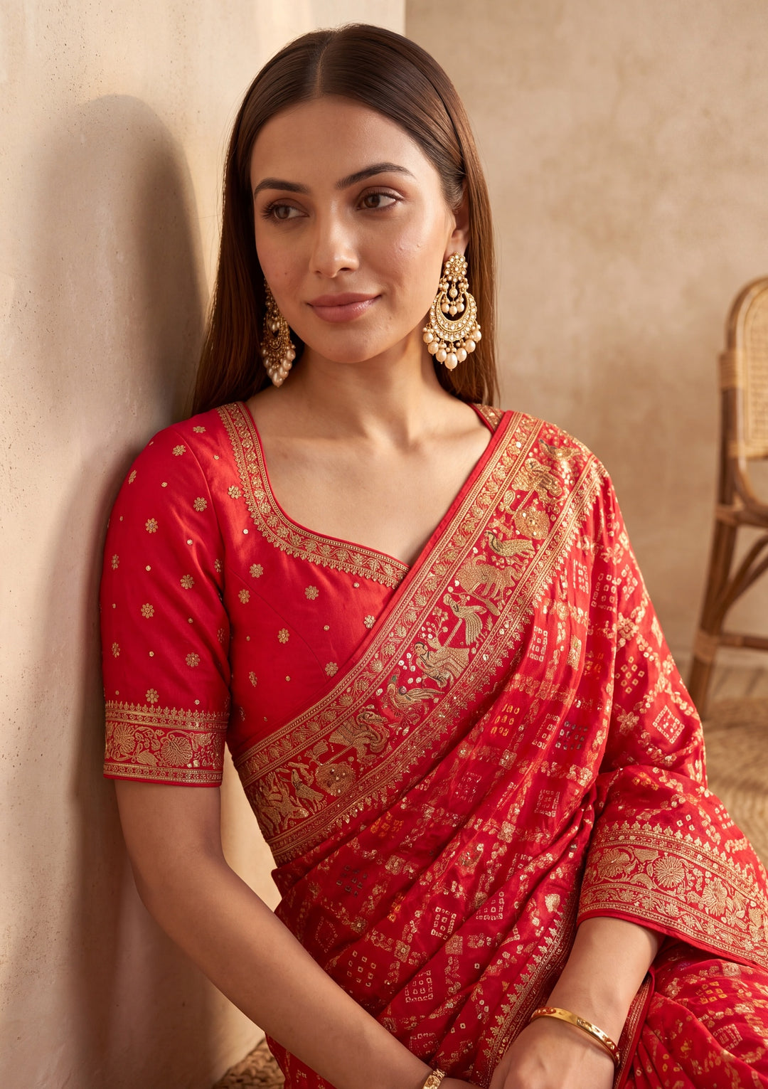Red Silk Jaal Cutdana Saree With Matching Blouse Piece