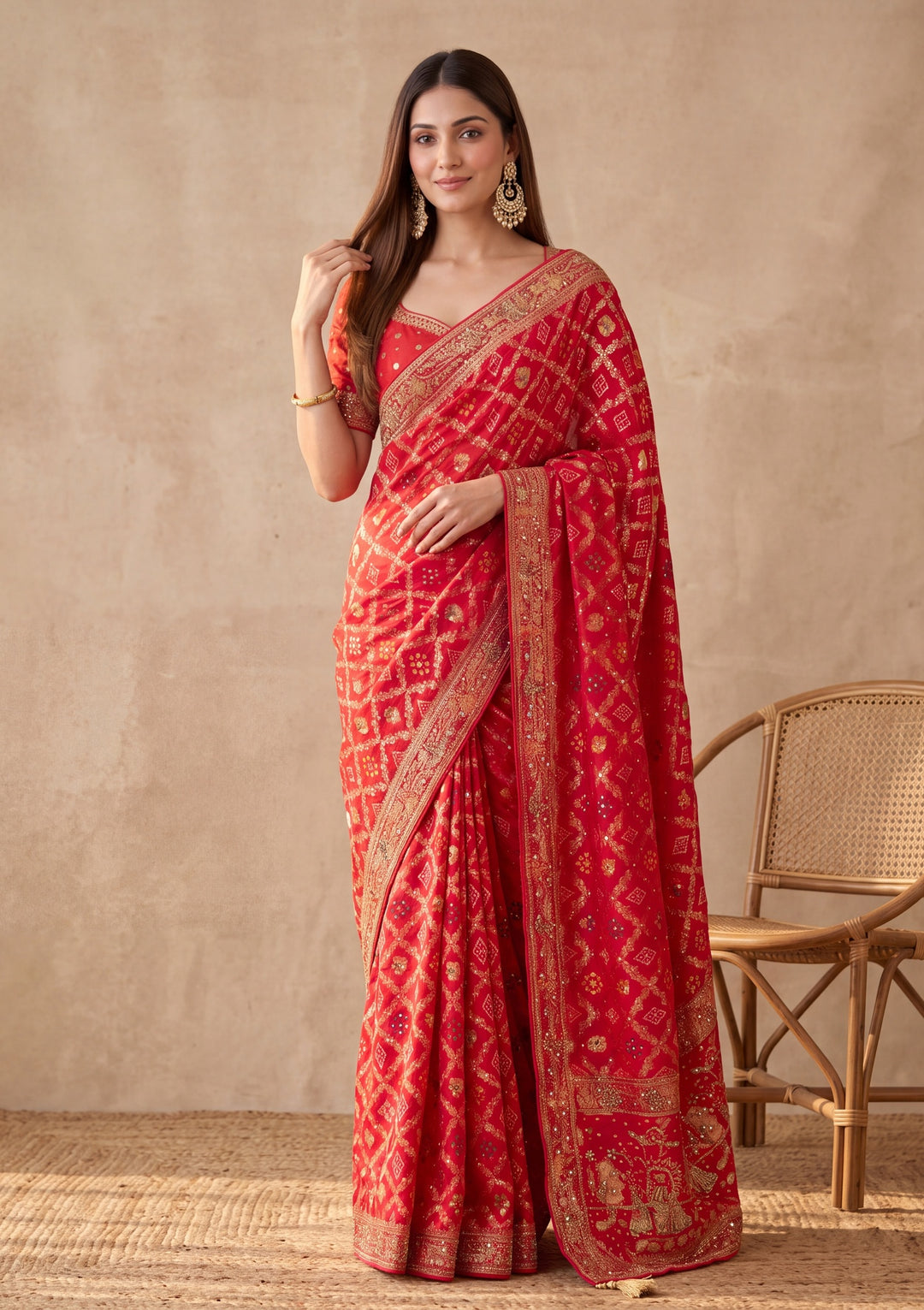 Red Silk Jaal Cutdana Saree With Matching Blouse Piece