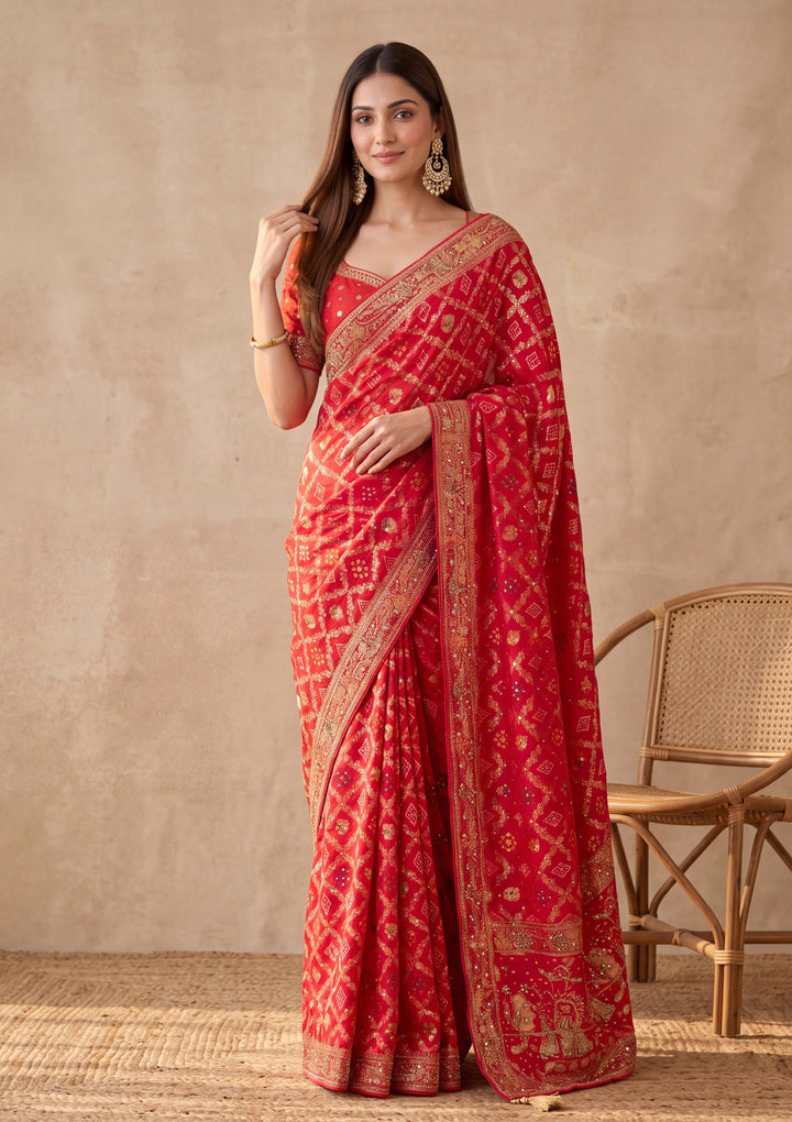 Red Silk Jaal Cutdana Saree With Matching Blouse Piece