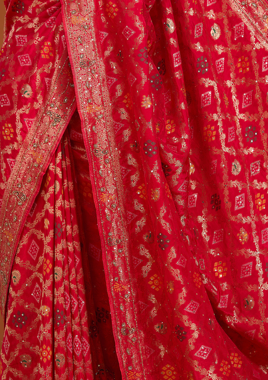 Red Silk Jaal Cutdana Saree With Matching Blouse Piece