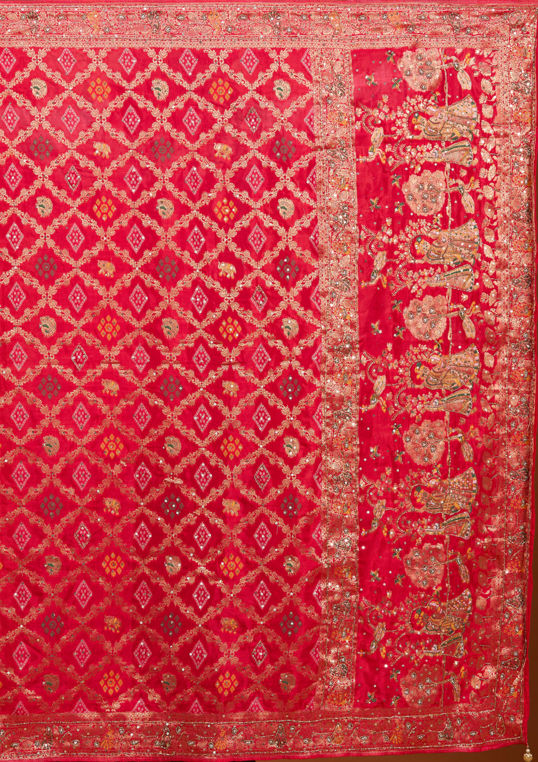Red Silk Jaal Cutdana Saree With Matching Blouse Piece