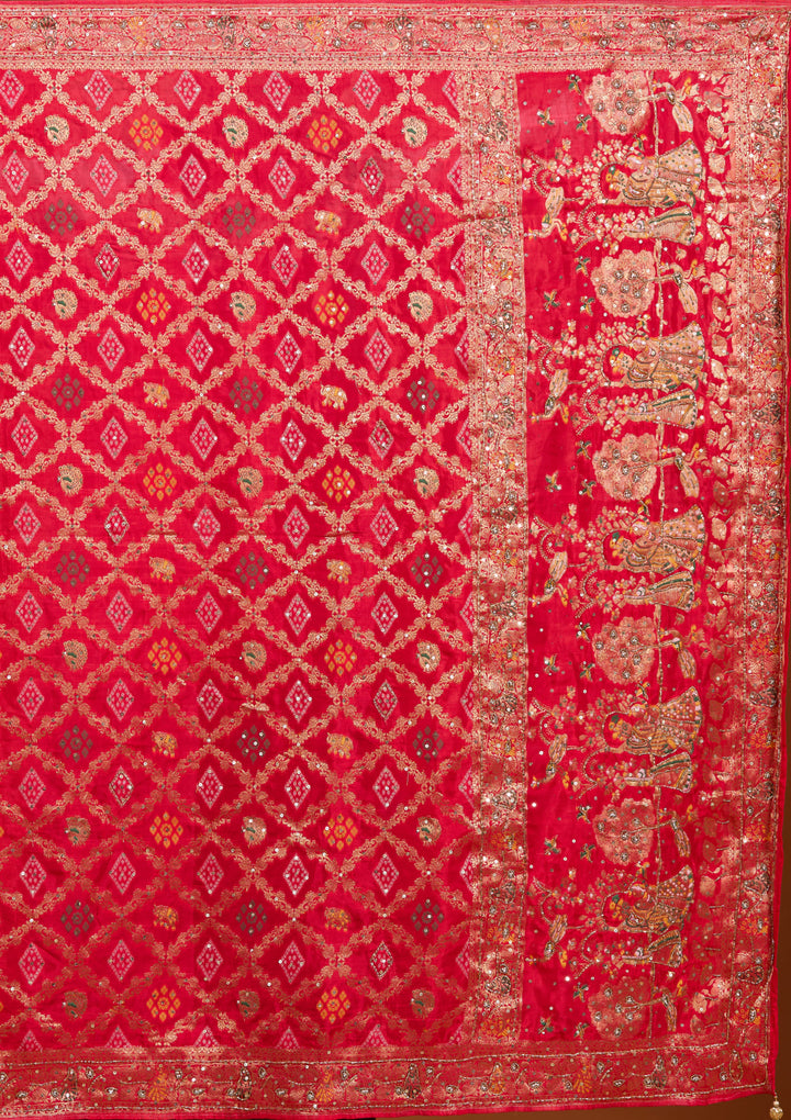 Red Silk Jaal Cutdana Saree With Matching Blouse Piece