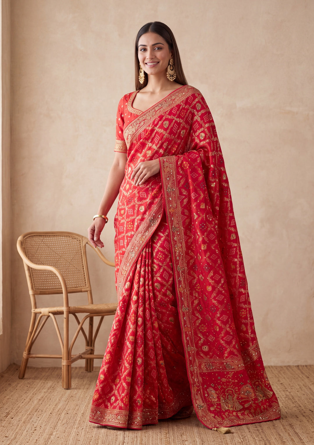 Red Silk Jaal Cutdana Saree With Matching Blouse Piece