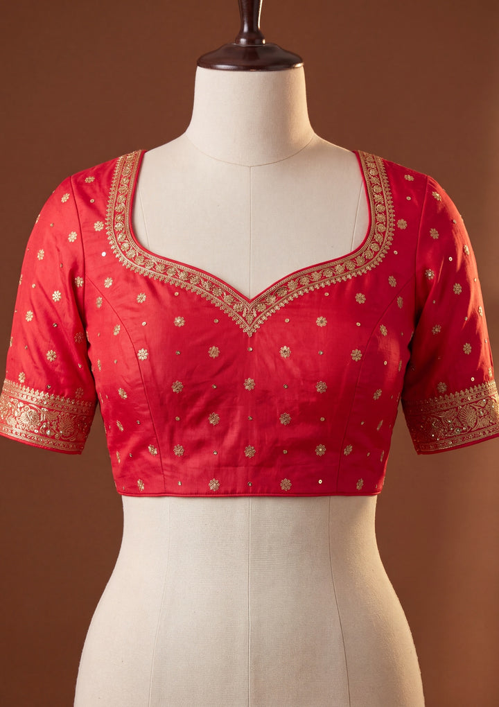 Red Silk Jaal Cutdana Saree With Matching Blouse Piece