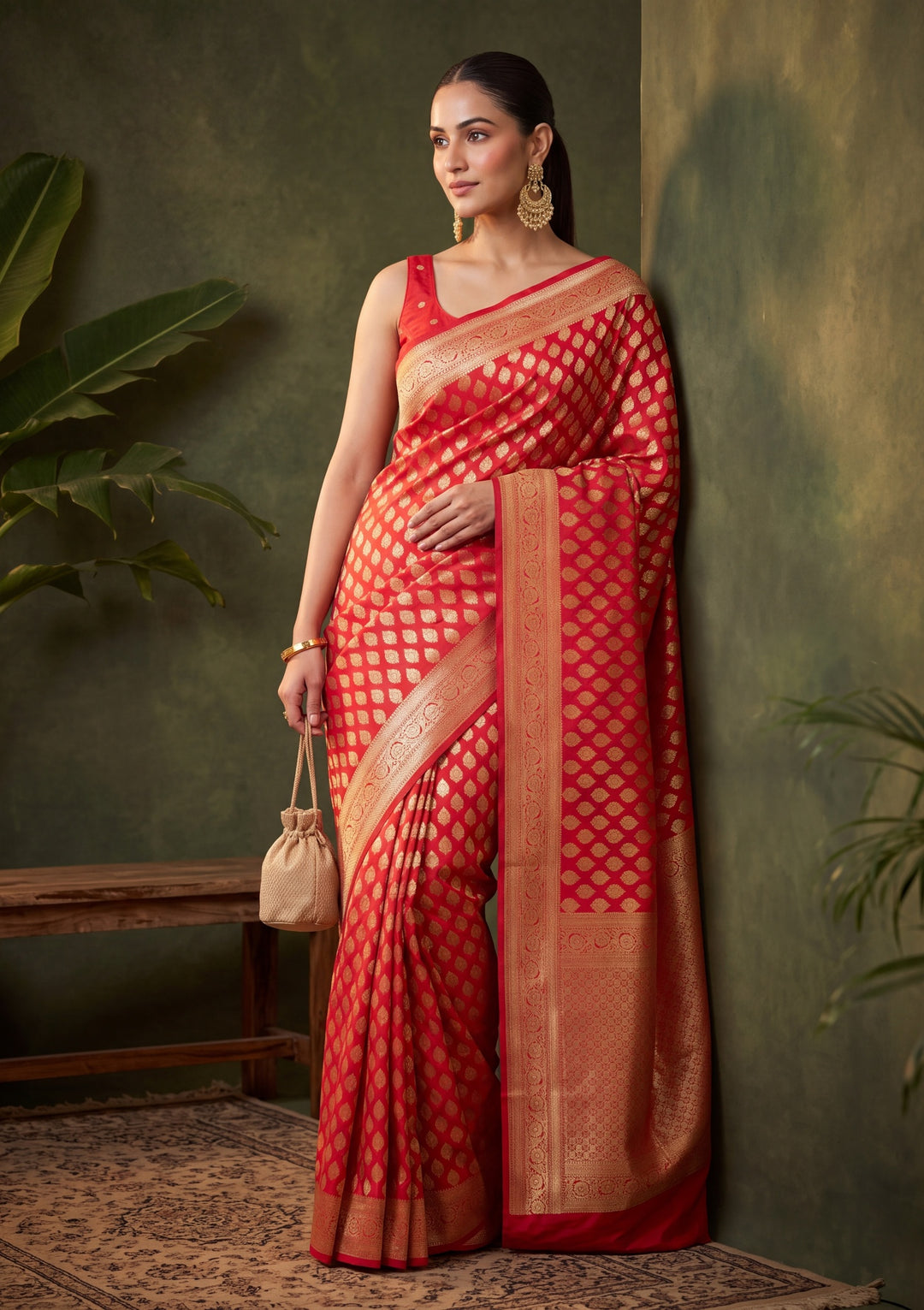 Red Art Silk Buti Saree With Matching Blouse Piece