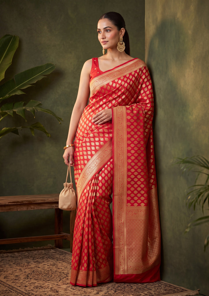 Red Art Silk Buti Saree With Matching Blouse Piece