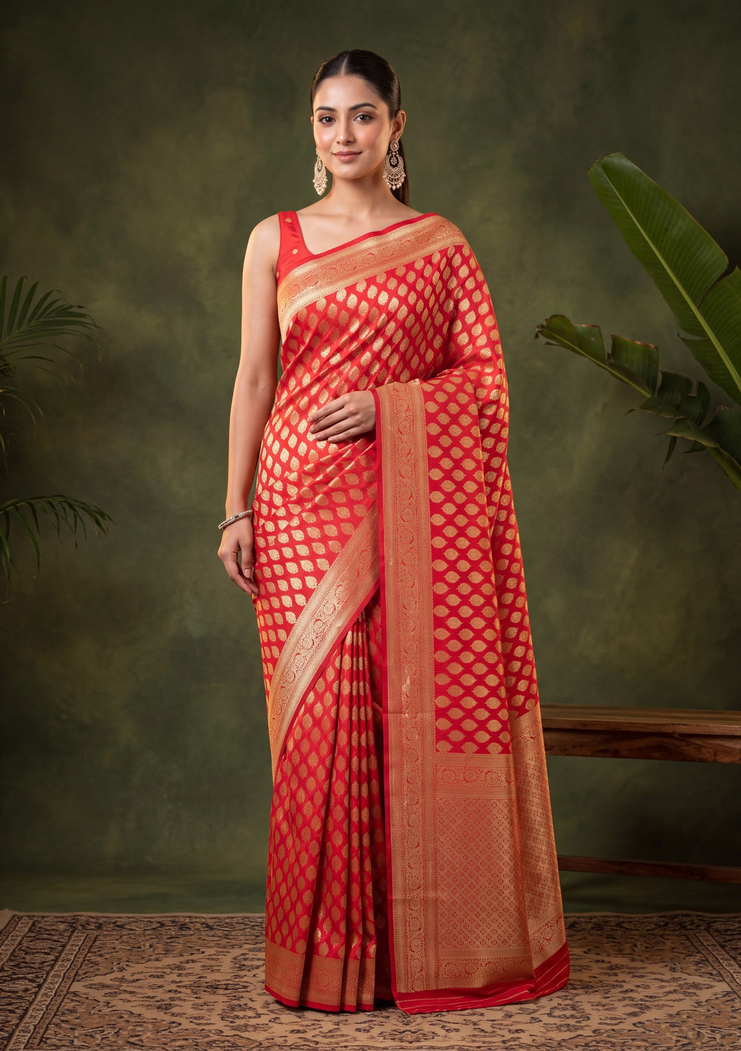 Red Art Silk Buti Saree With Matching Blouse Piece