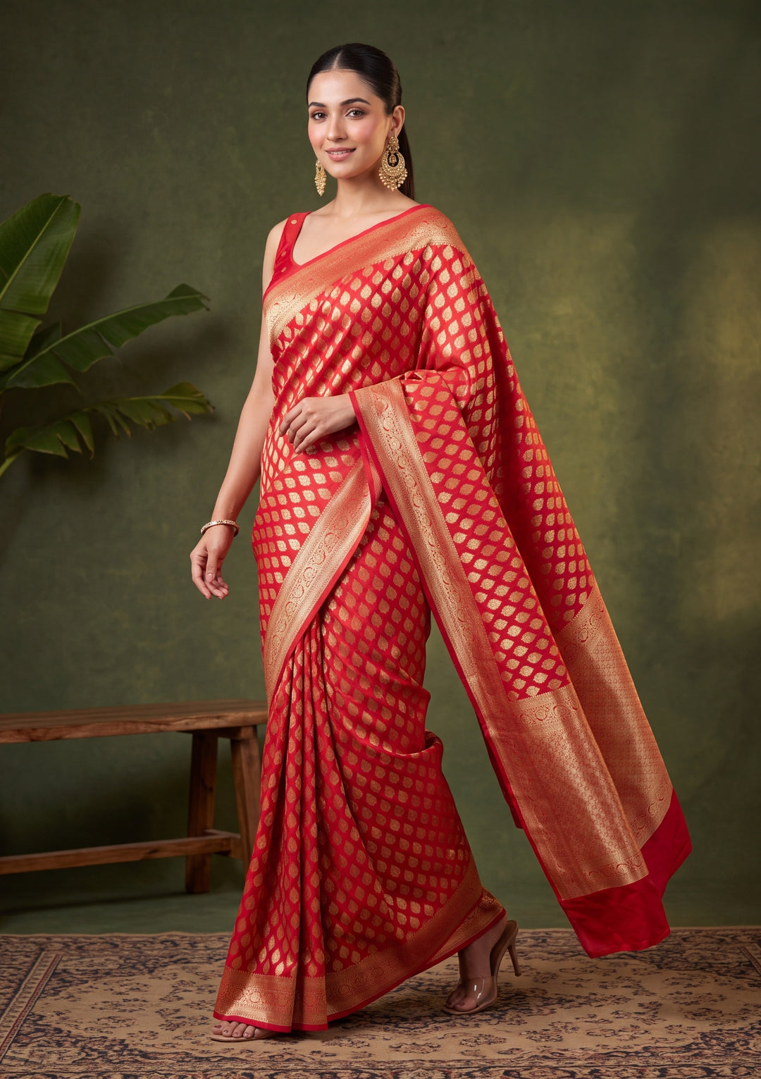 Red Art Silk Buti Saree With Matching Blouse Piece