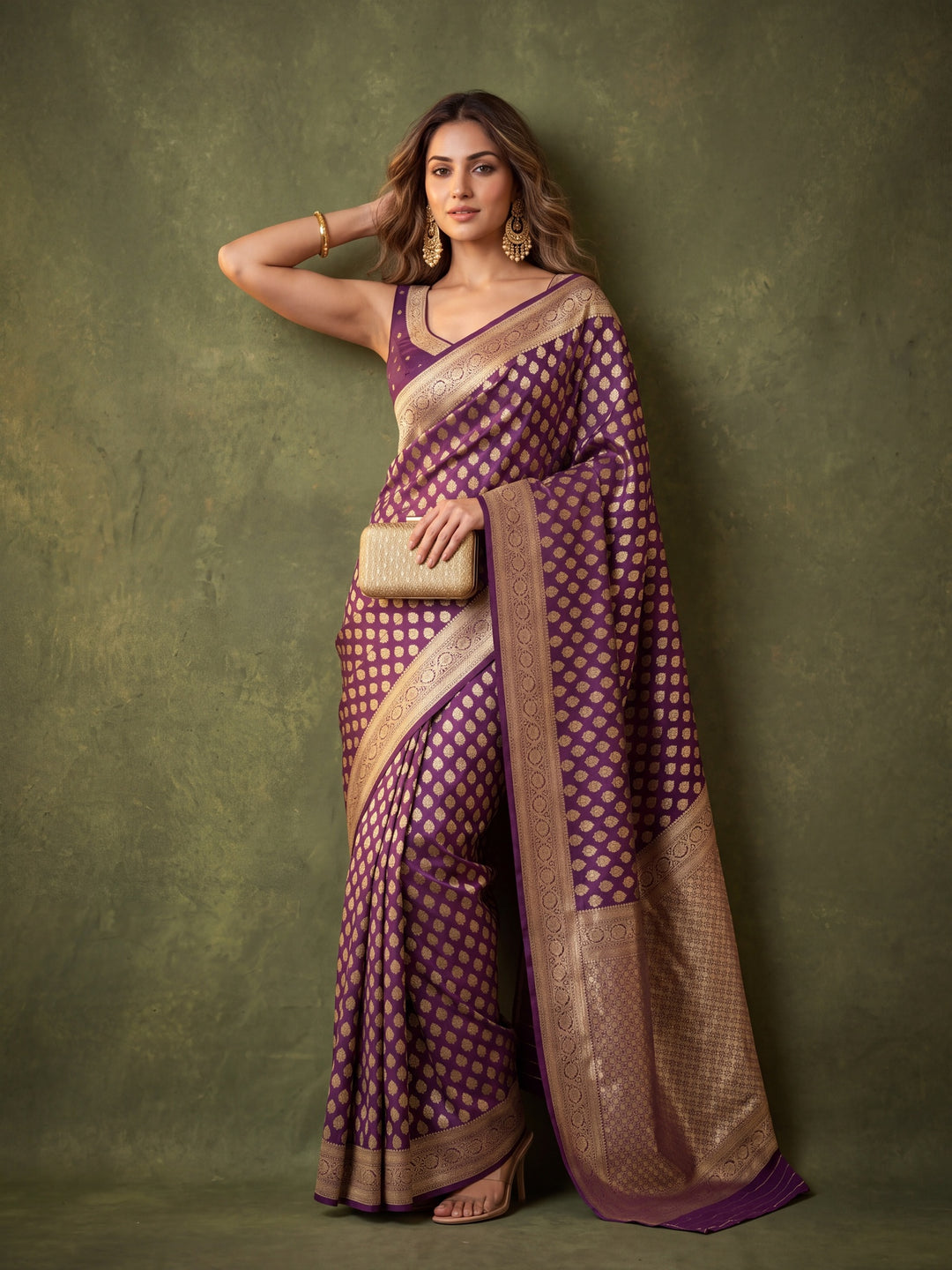 Wine Art Silk Buti Saree With Matching Blouse Piece