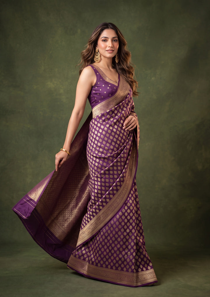 Wine Art Silk Buti Saree With Matching Blouse Piece