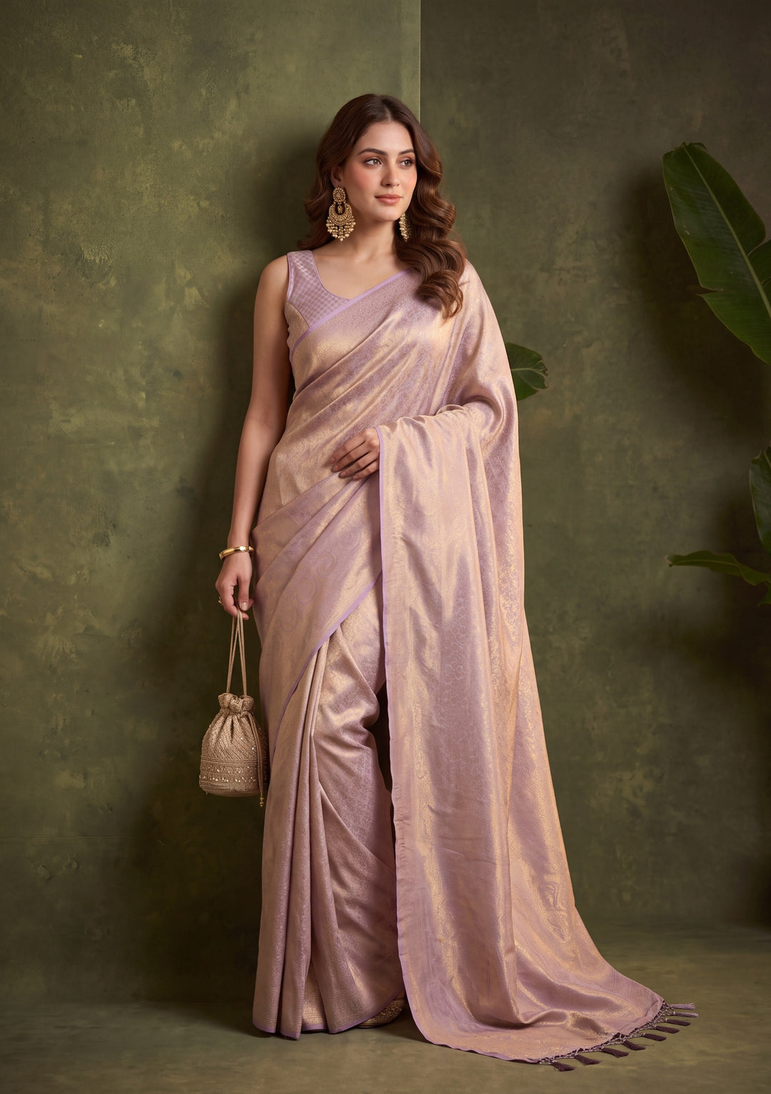 Lavender Silk Jaal Saree With Matching Blouse Piece