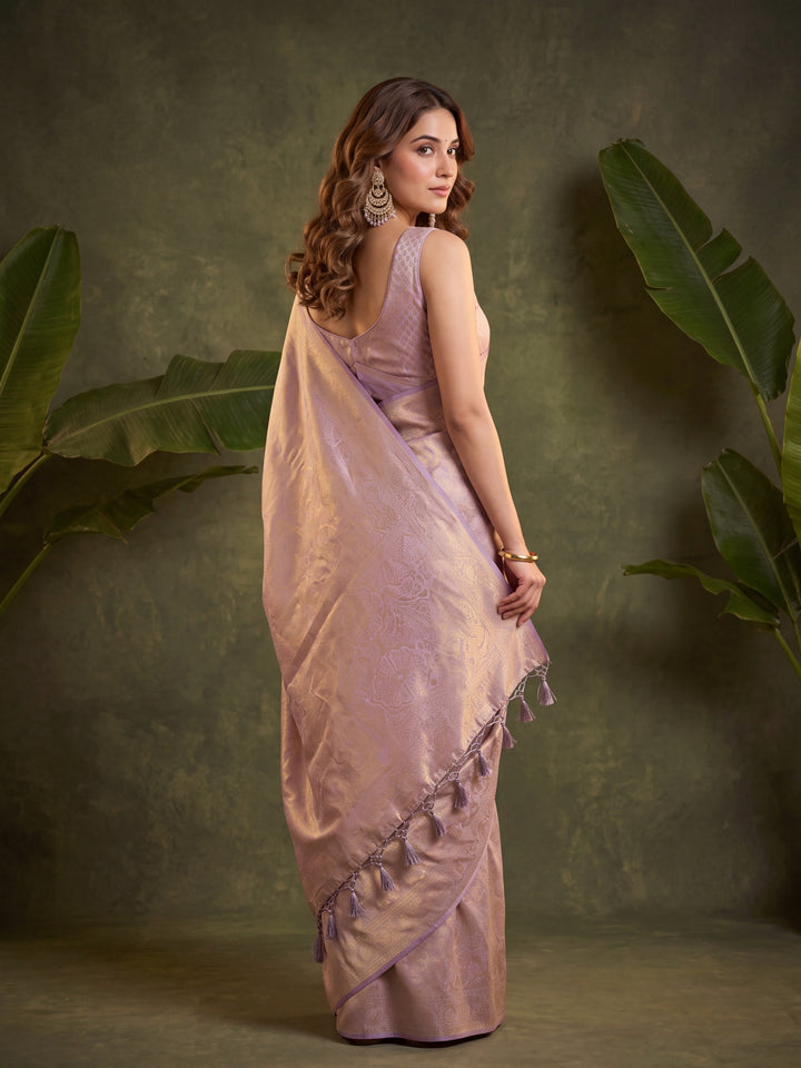 Lavender Silk Jaal Saree With Matching Blouse Piece