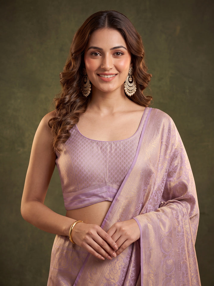 Lavender Silk Jaal Saree With Matching Blouse Piece