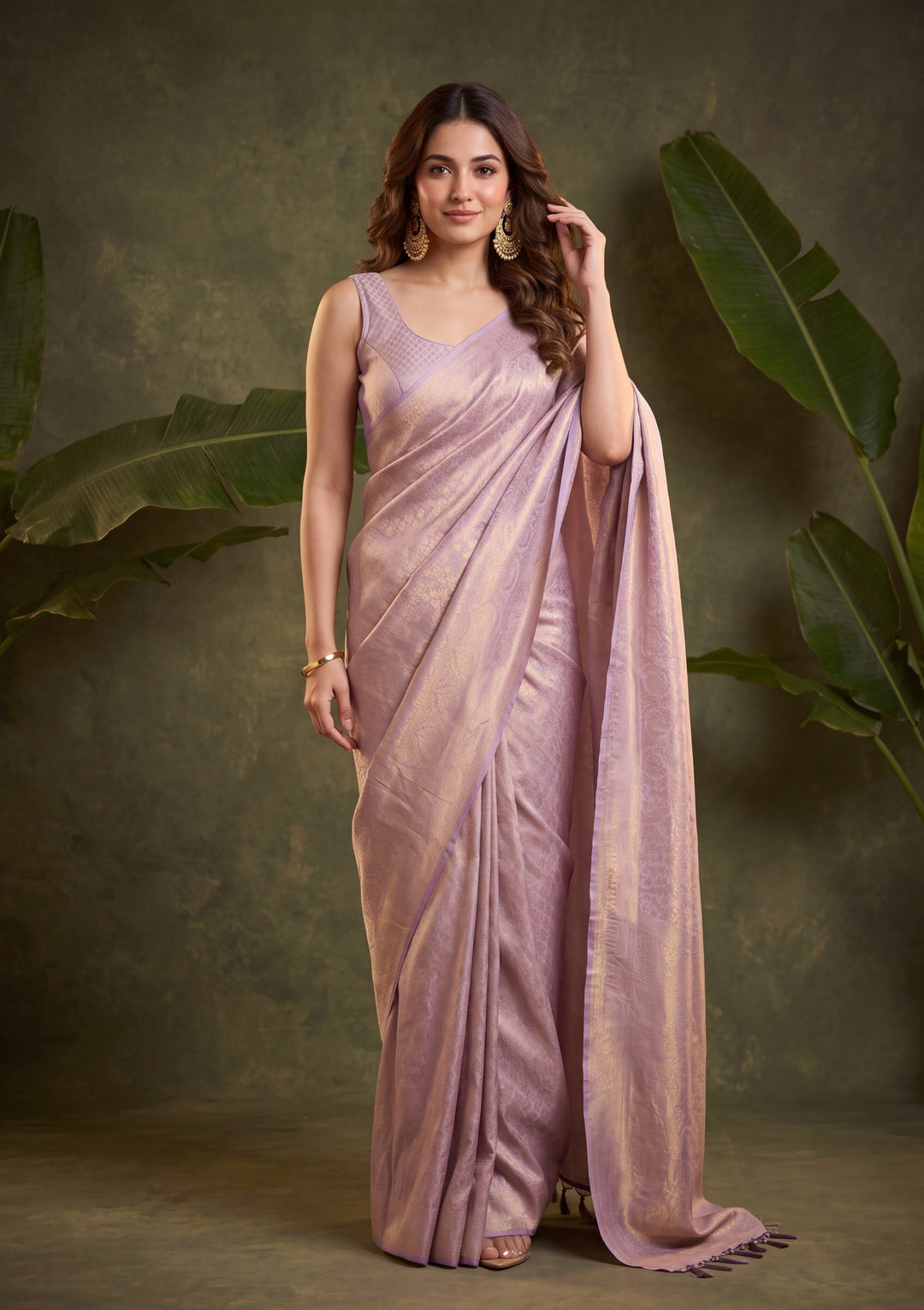 Lavender Silk Jaal Saree With Matching Blouse Piece