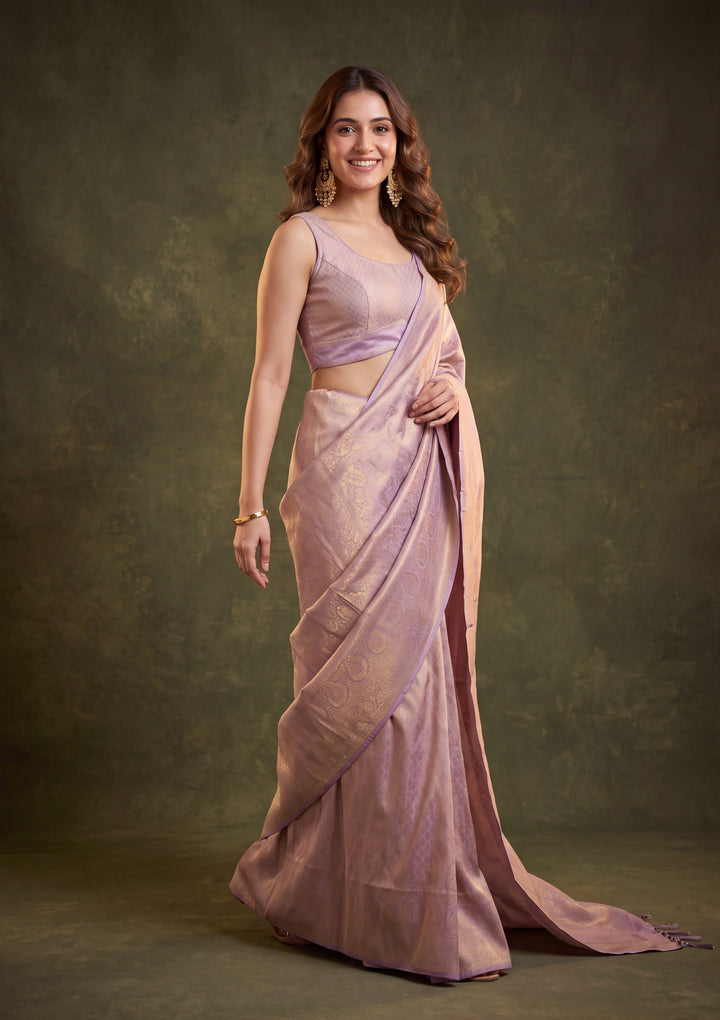 Lavender Silk Jaal Saree With Matching Blouse Piece